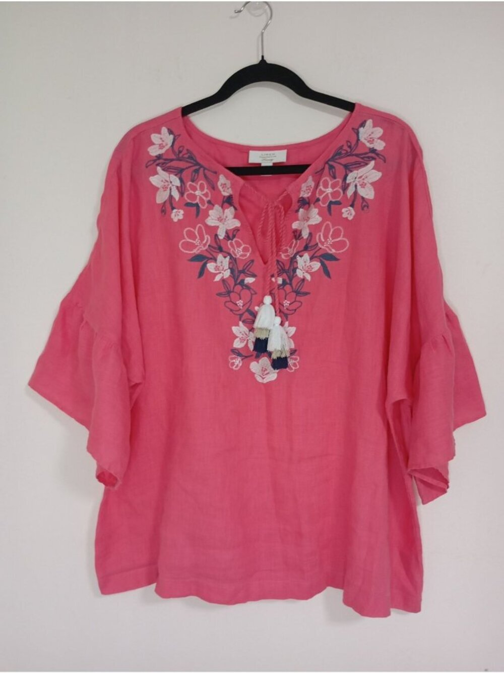 Charter Club 100% Linen Floral Embroidered Tunic Top Tassels Bell Sleeves Sz XXL